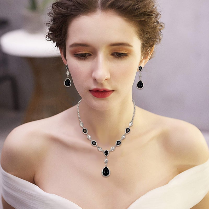 EleQueen Women's Cubic Zirconia Teardrop Y-Necklaces Dangle Earrings Sets for Brides Bridesmaids Black Silver-Tone - Image 2